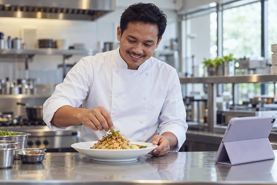 Juru masak menata nasi goreng di dapur